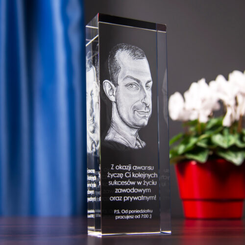 Zdjęcie statuetki 3D z grawerunkiem zdjęcia przestrzennego stworzonego na podstawie rysunku karykatury. Statuetka stoi na brązowym stole, a po jej prawej stronie widać doniczkę z kwiatkiem.