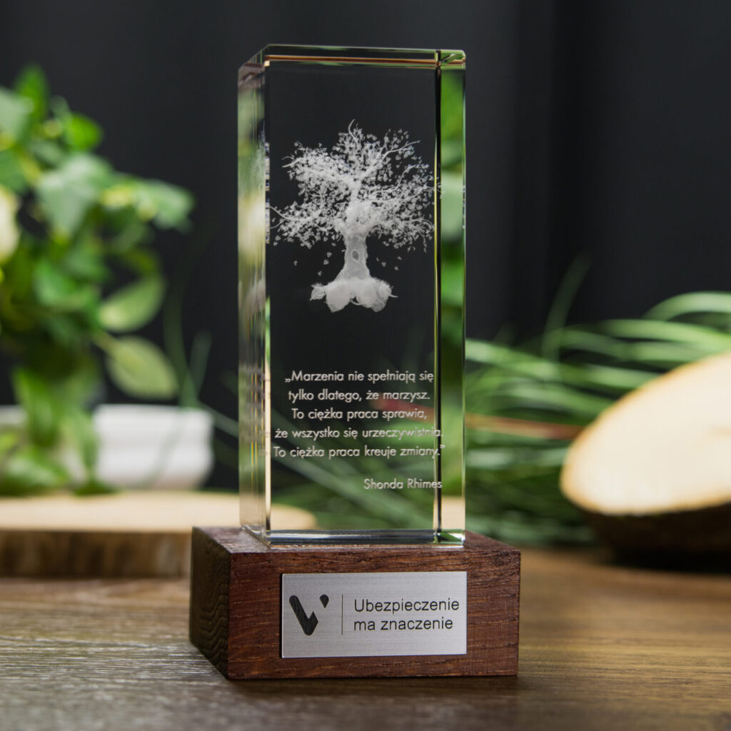 Widok lekko z lewej strony na szklaną statuetkę z drewnianą podstawką. Wewnątrz wygrawerowano model 3D drzewa z dziuplą oraz cytat. Na tabliczce wygrawerowano logo firmy i slogan: 