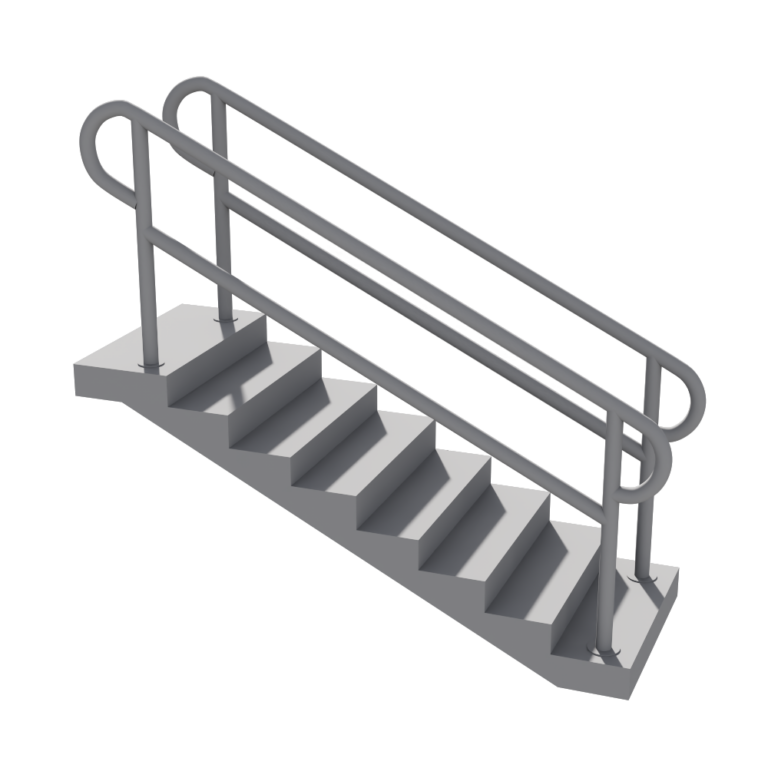 Render modelu 3D schodów z balustradą. Widok z boku, lekko od góry.